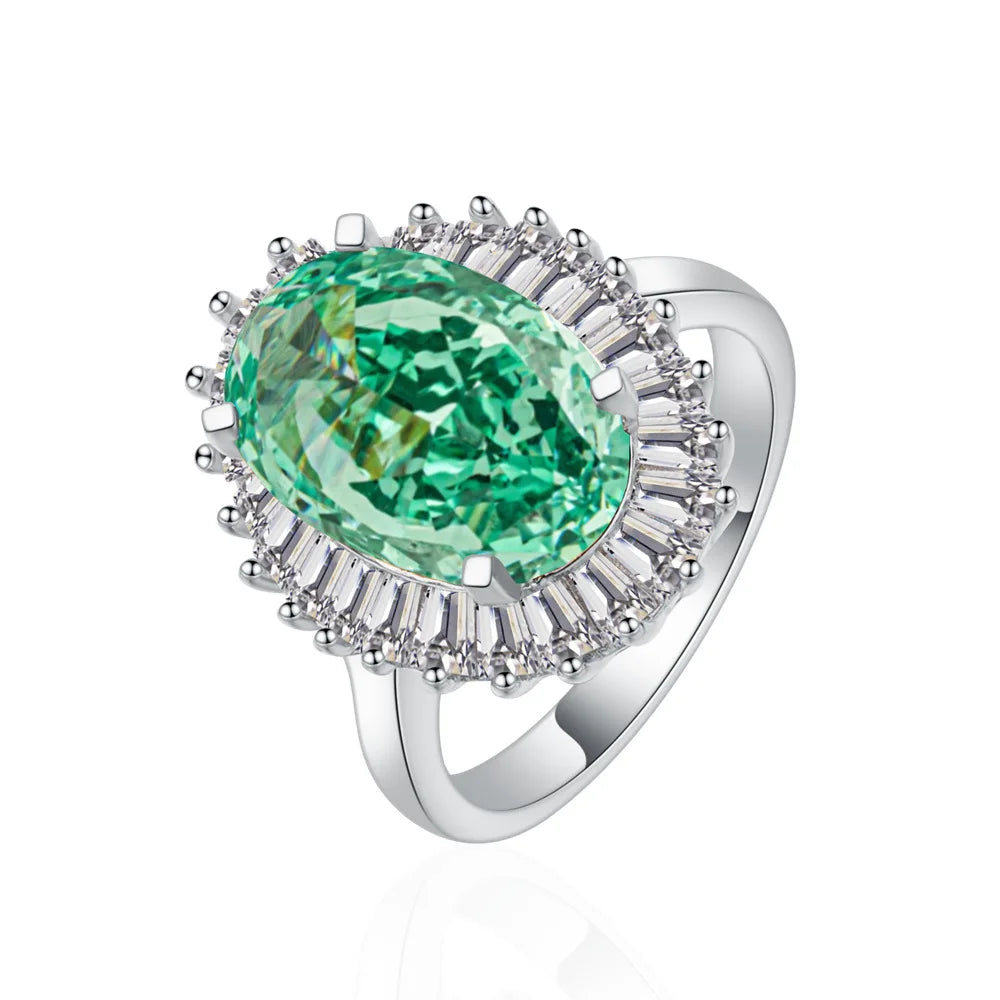 MuShan Jewelry Factory 6.5ct Female Lead Shape 8 * 12 High Carbon Diamond Ice Flower Cut Paraiba Green 925 Sterling Silver Ring