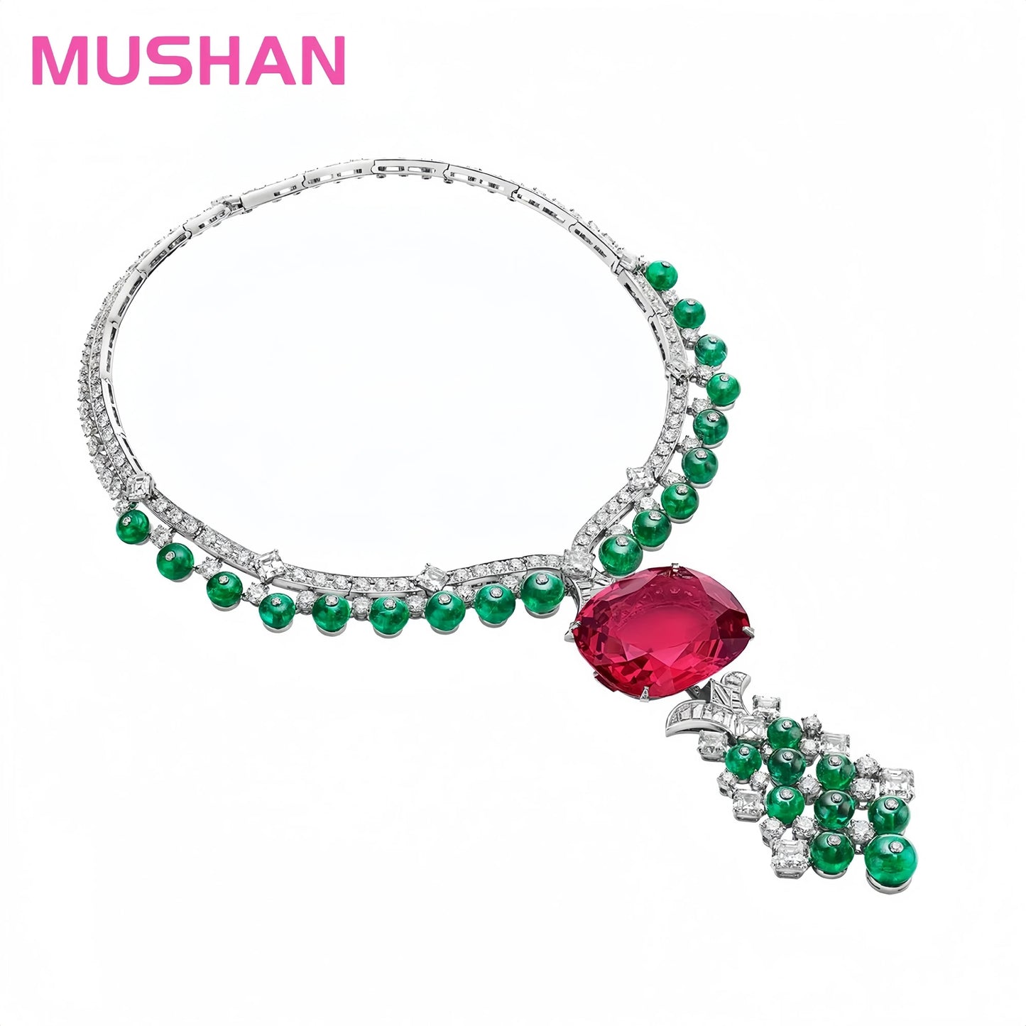 MUSHAN Luxury Red Big Ruby Pendant Necklace High Carbon Diamond Chocker 925 Sterling Silver Rhodium Plated Jewelry