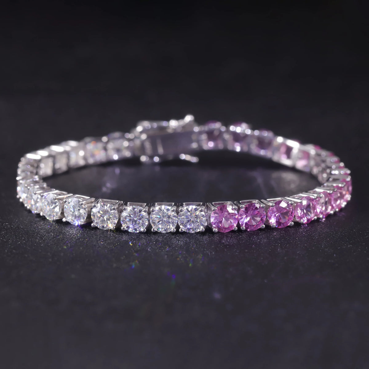 Gemfiori Gradient Pink Tennis Bracelet 925 Silver Pink Lab Grown Sapphire & White Moissanite Silver Rose Gold Plated Tennis Bracelet