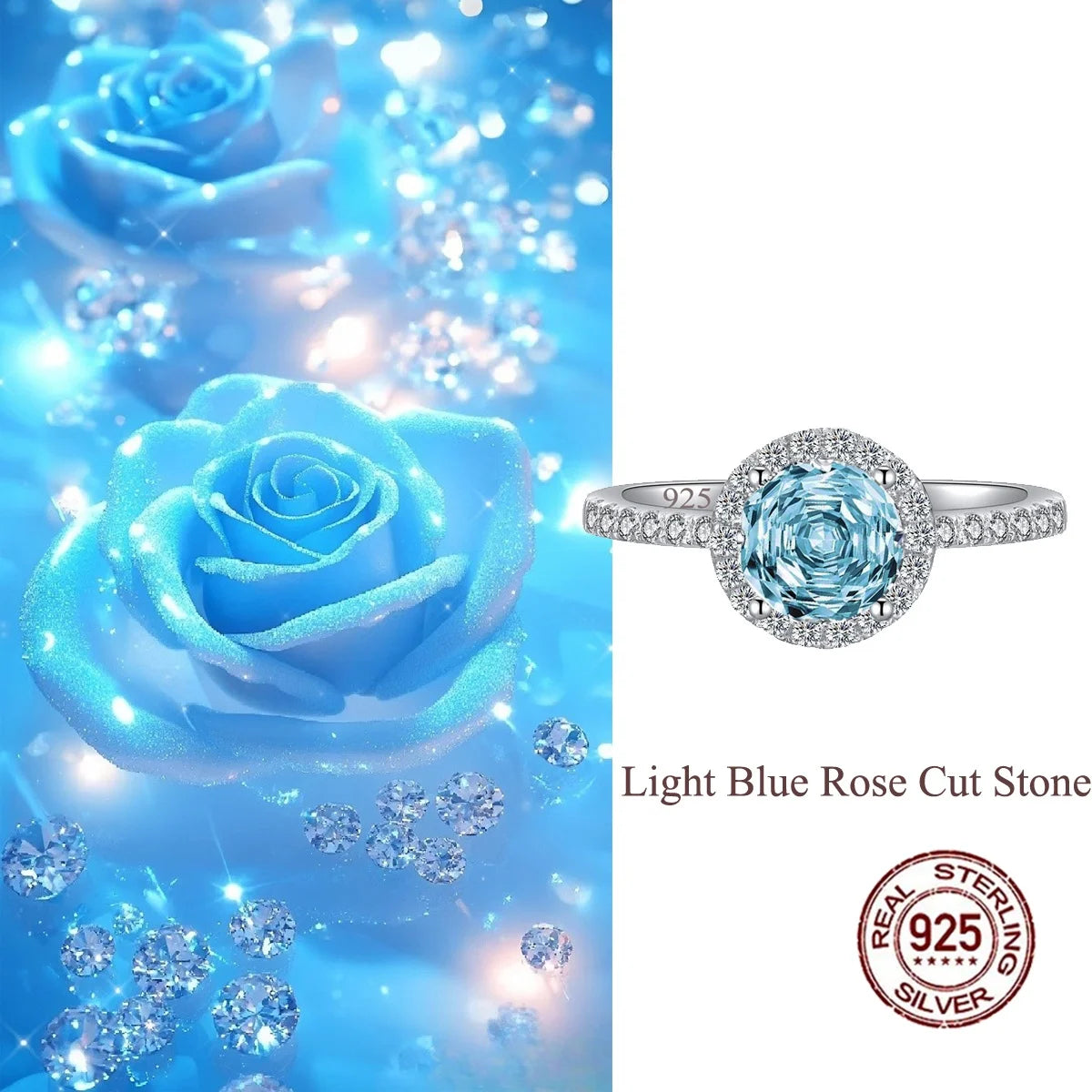 S&S 925 Sterling Silver Light Blue Rose-Cut CZ Engagement Ring – Rhodium Plated – Collection