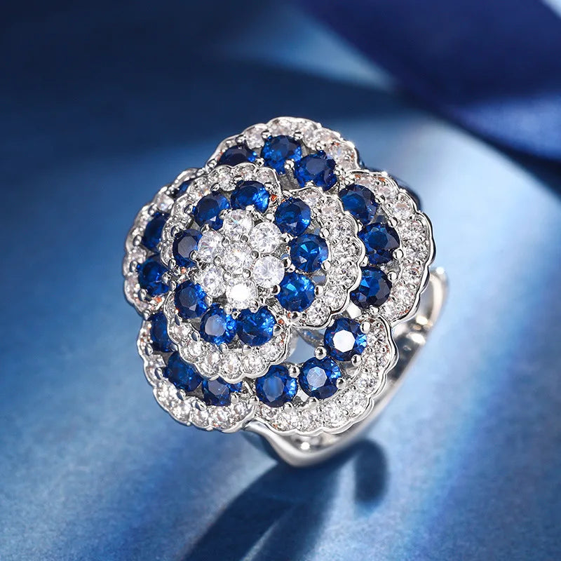 Gemfiori French Retro Exquisite Sparkling Three-dimensional Blue Camellia Pendant Ring Earrings Light Luxury Elegant Set