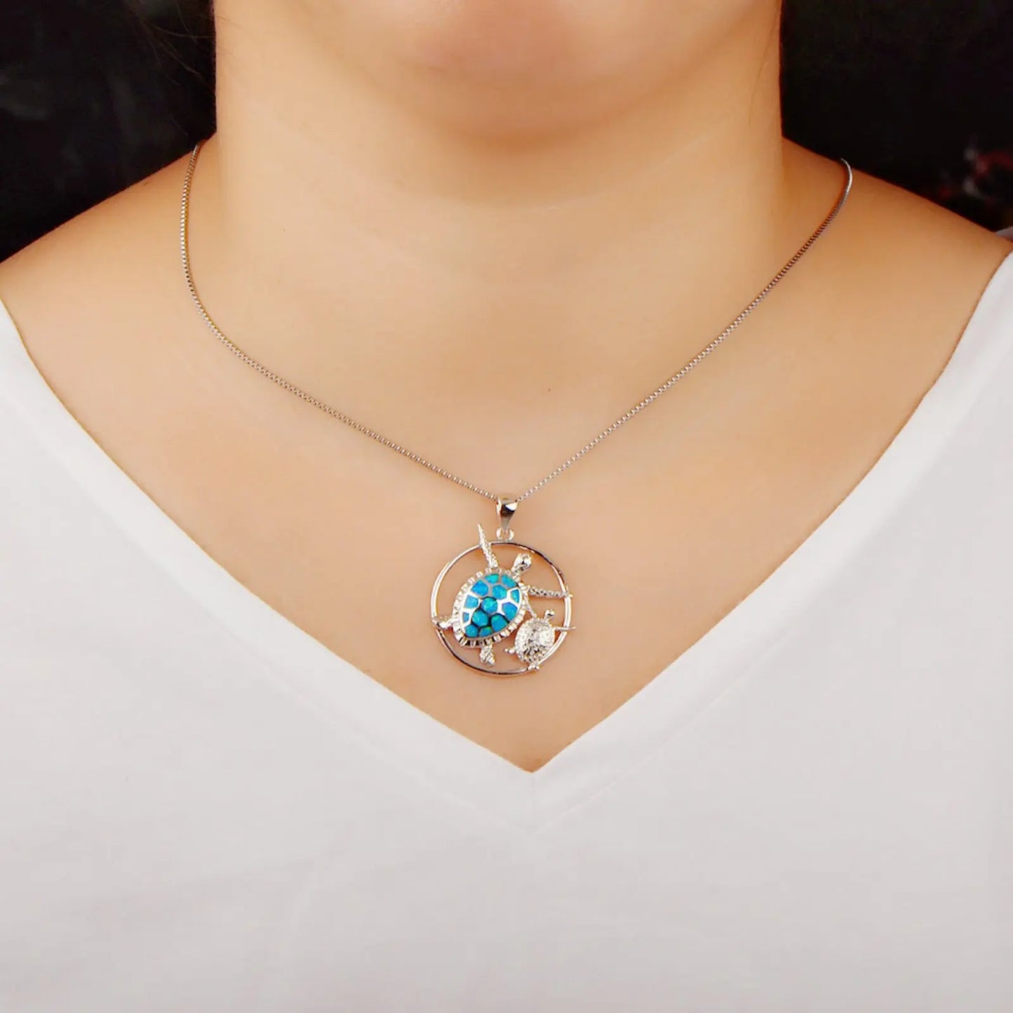 Minimalist Silver Turtle Pendant with Blue Opal | Delicate Copper Box Chain Lariat Necklace-Ladies Gift