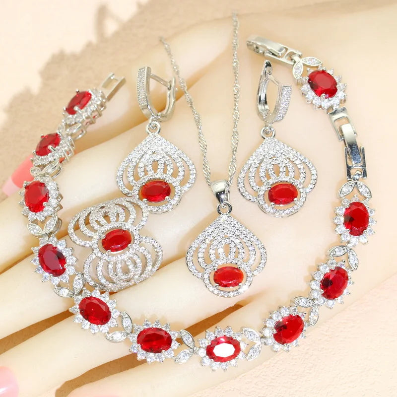 XOTICA 2023 New 925 Sterling Silver Jewelry Set for Women Red Zircon Earrings Bracelet Rings Necklace Pendant for Party Wedding Gift