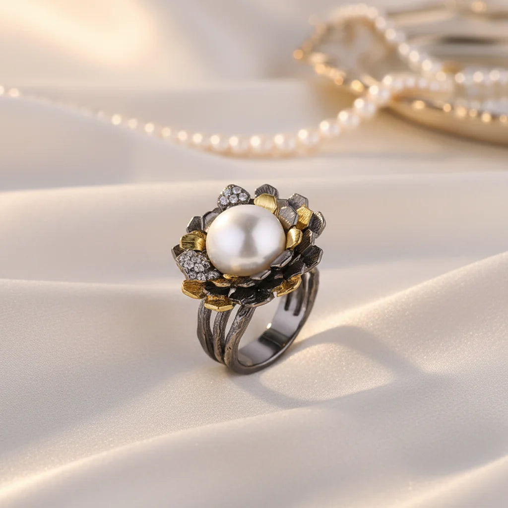 Thailand Flower Gold Plated 925 Sterling Silver Button Pearl Ring for Women