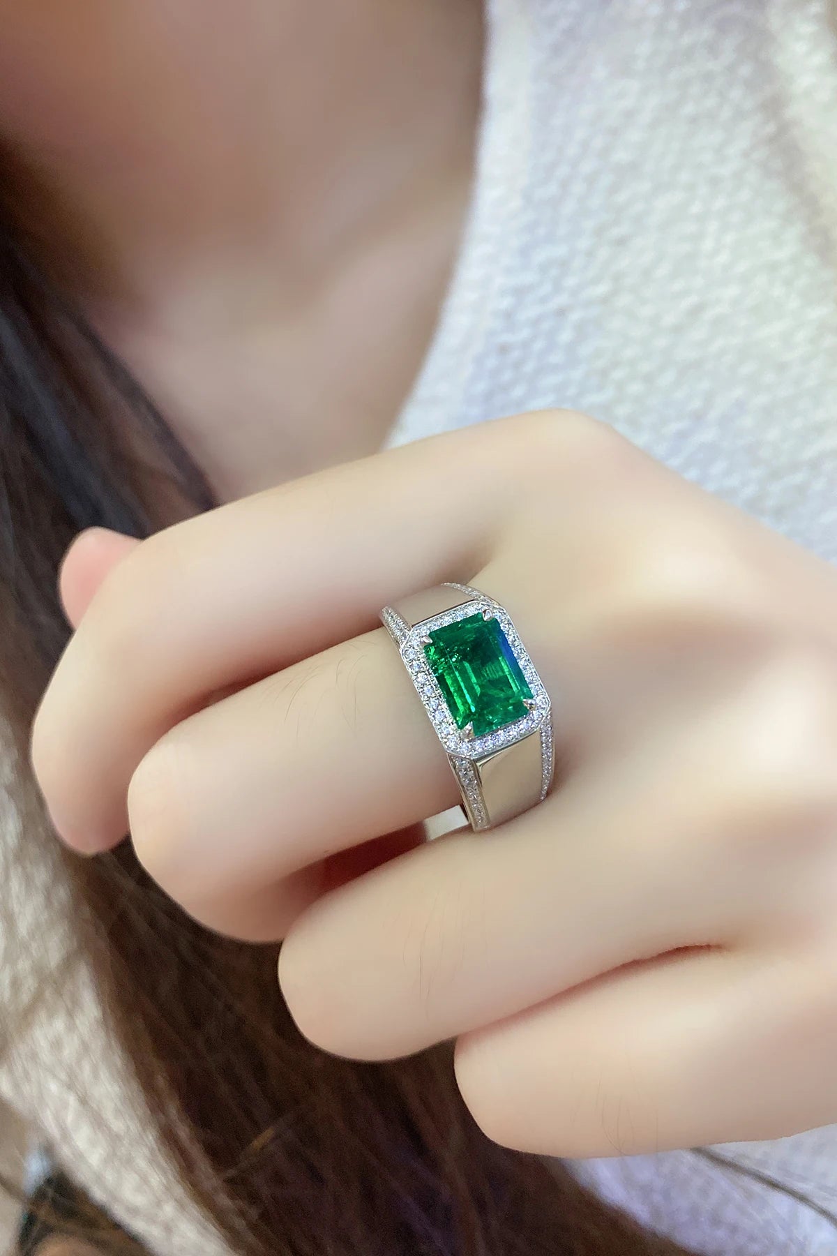Gemfiori 925 Sterling Silver Man Ring Lab Grown Emerald Stone Emerald Cut Mens Ring for Christmas Gift