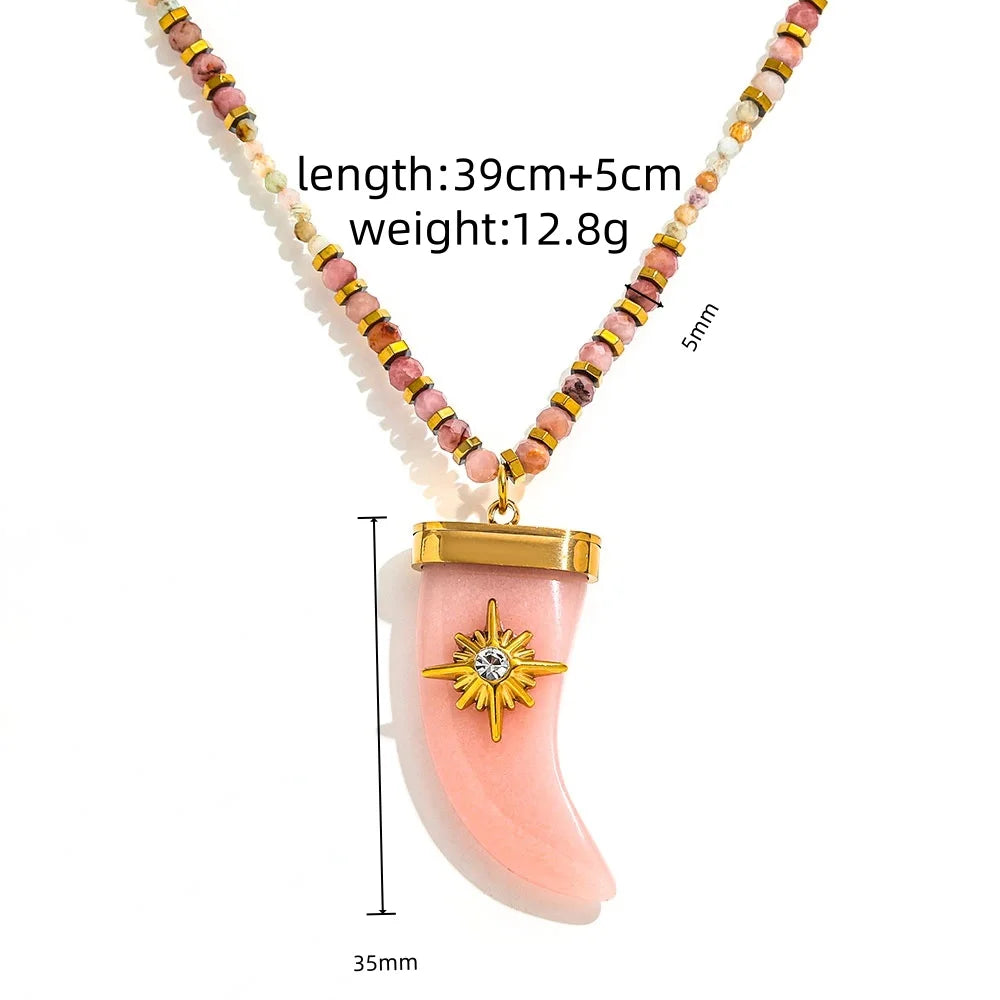 Joolim PVD Plated Wholesale Waterproof Boho Healing Conical Fish Pendant Natural Stone Beaded Necklace Stainless Steel Jewelry