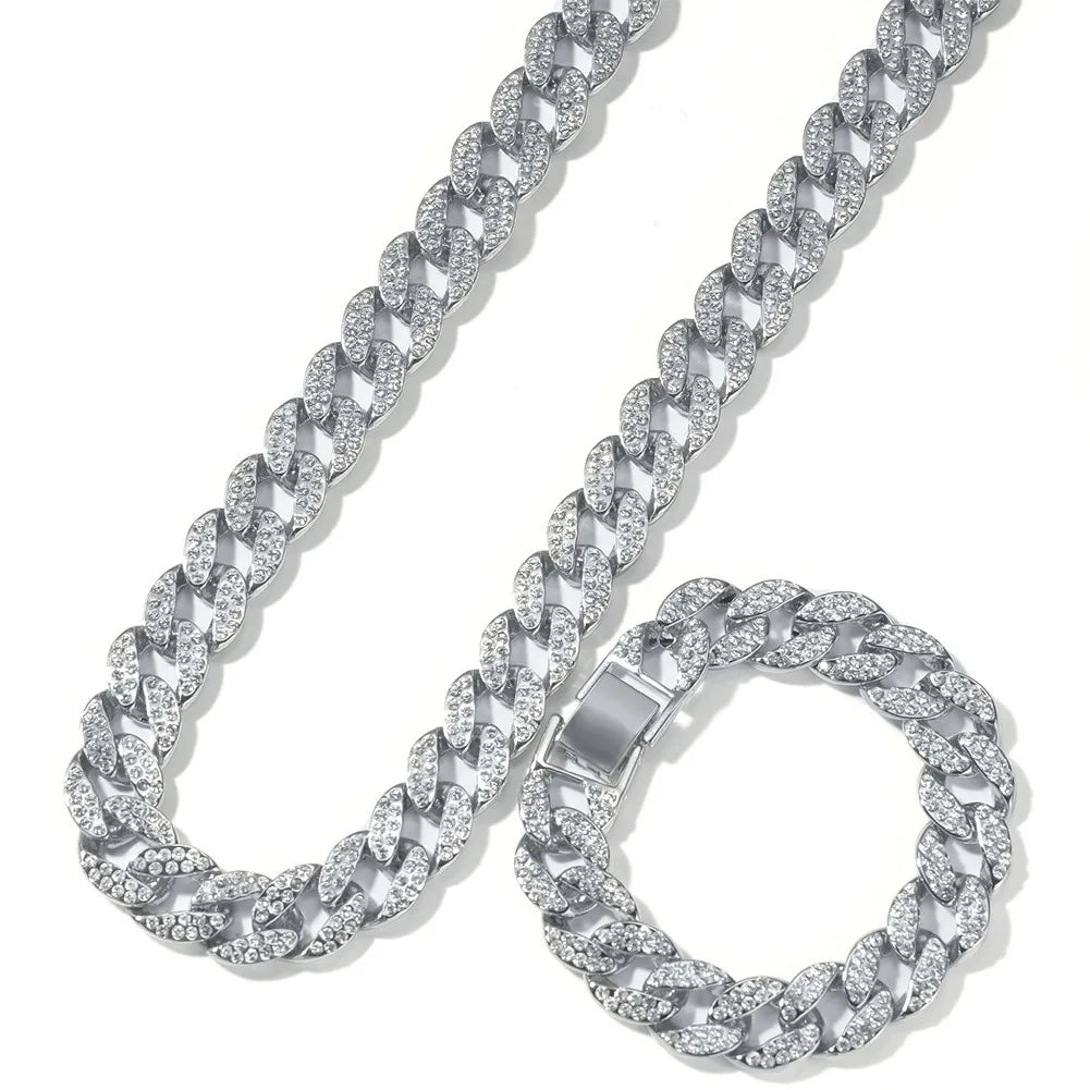 REBEL Classic Hip Hop Style 15mm Alloy Cuban Link Chain Set Geometric Rhinestone Crystal Rhodium Plated Trendy Beads for Anniversary