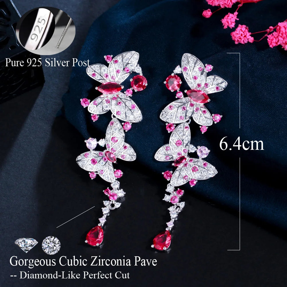 S&S Red CZ Butterfly Long Dangle Drop Earrings – 925 Silver Pin – Rhodium Plated – Collection