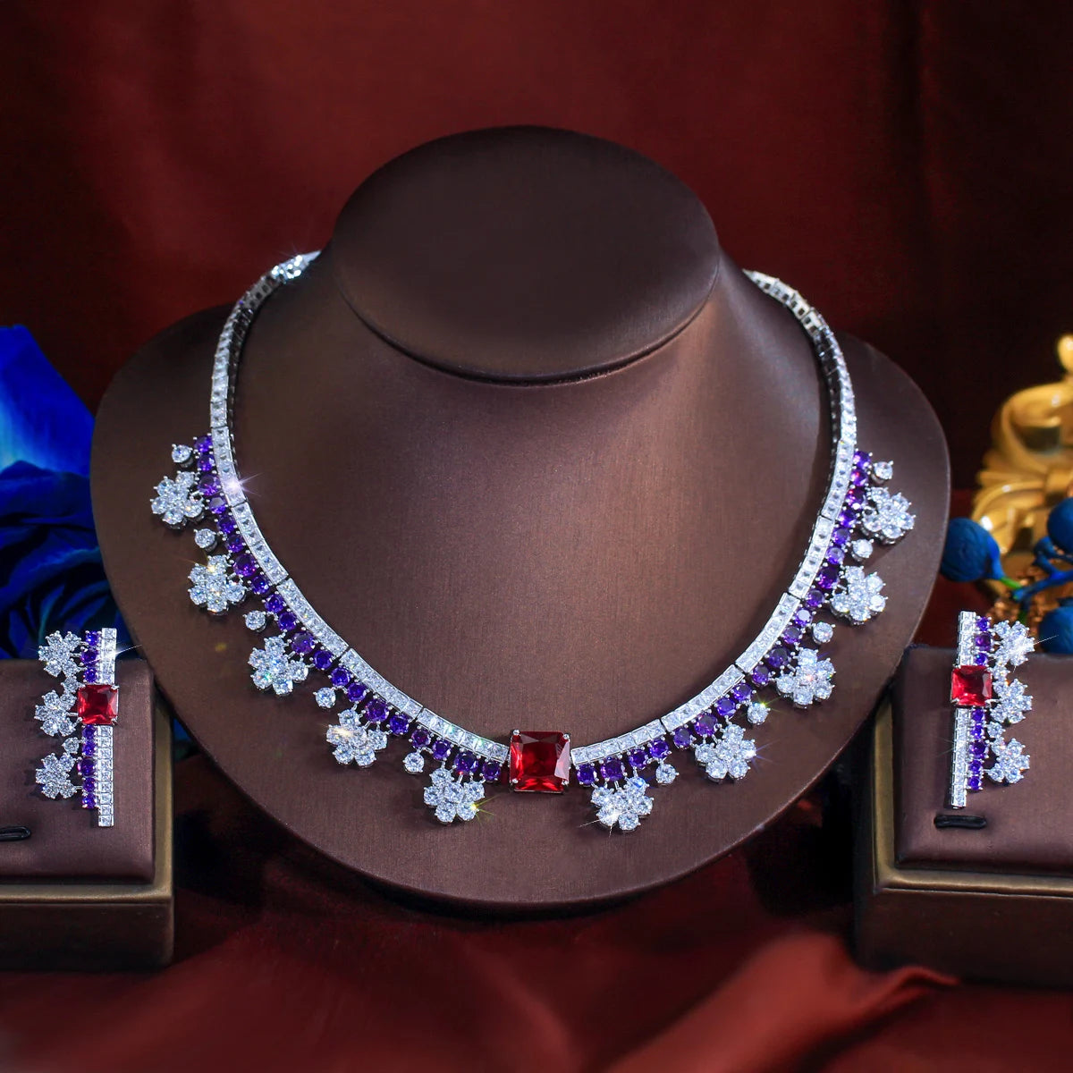 Gorgeous Flower Necklace and Earrings Purple Red Bridal Jewelry Set for Women Luxury Wedding Dress Accessories