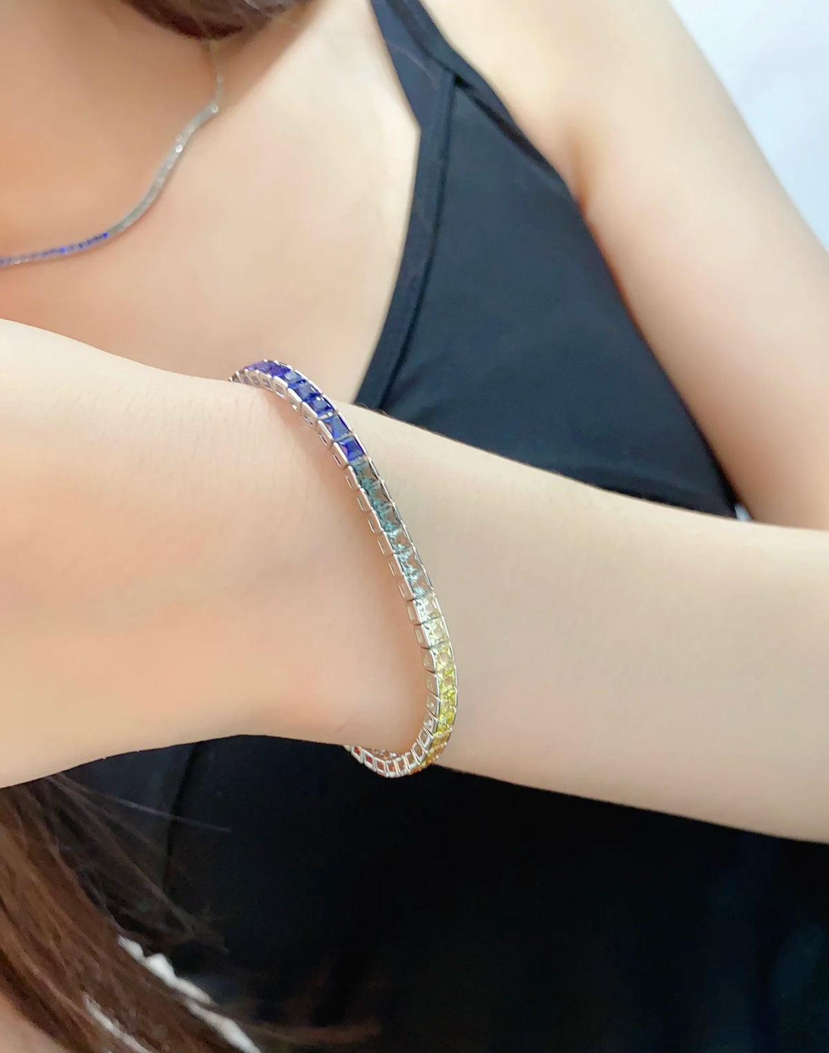 Gemfiori 925 Silver Rainbow Color Lab Grown Sapphire Tennis Bracelet 3.3mm Princess Shape Rainbow Gemstones 17/18/19cm Length Custom