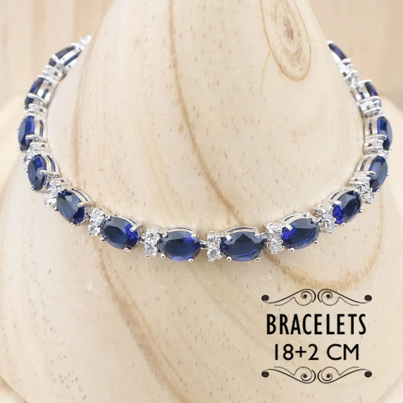 XOTICA Geometric Blue Stones White Gold Plated Jewelry Set for Women Bracelet Long Earrings Ring Necklace Pendant