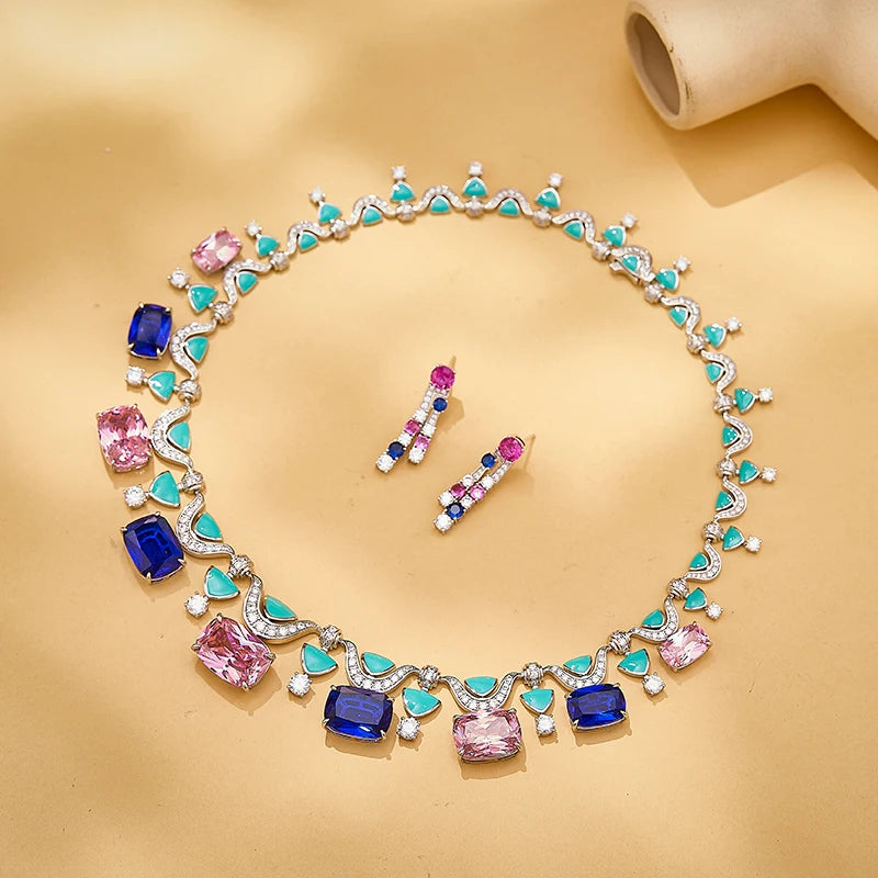 Brass pink Blue Necklace Earrings Two-piece Set Heavy Craftsmanship Texture Inlaid Zircon Low-temperature Enamel Women's Jewelry