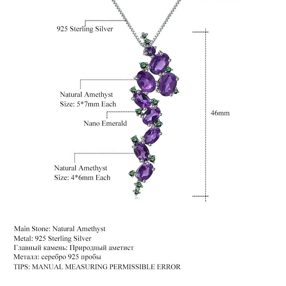 ArtistA Abding Lucky Purple Gemstone Beautiful Natural Amethyst Cluster Setting Leaf Buds Vine Long Drop Flower Tassel S925 Jewelry Set