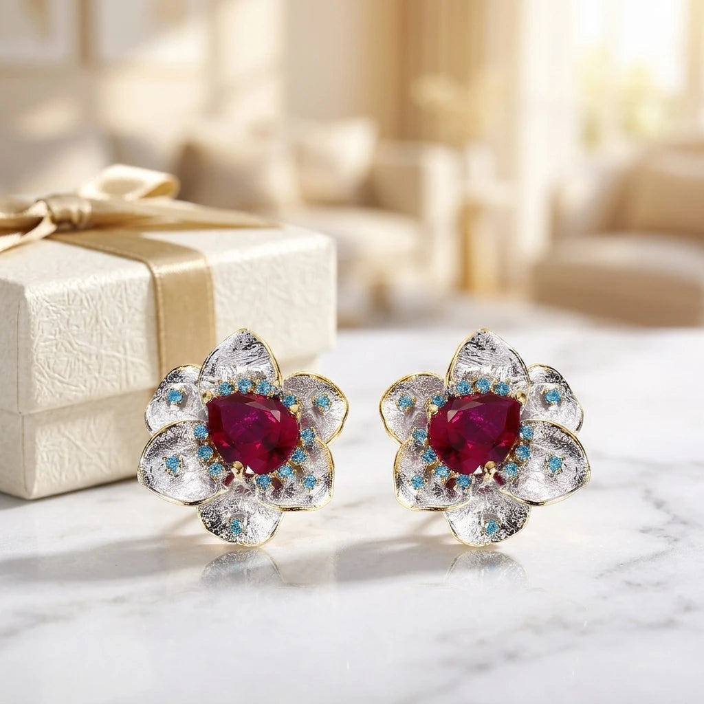 925 Sterling Silver Synthetic Red Corundum Stud Earrings Jewelry