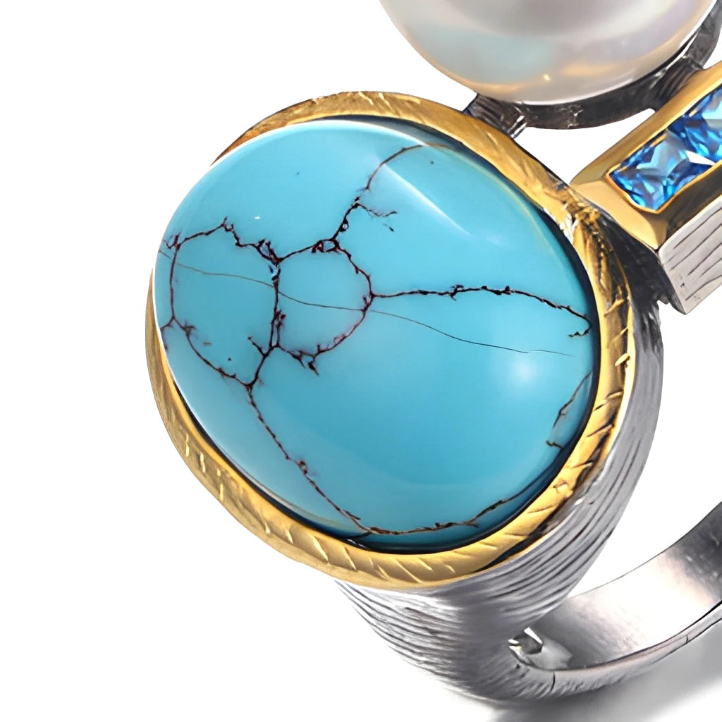 Freshwater Button Pearl 925 Sterling Silver Ring With Synthetic Turquoise Blue Zircon