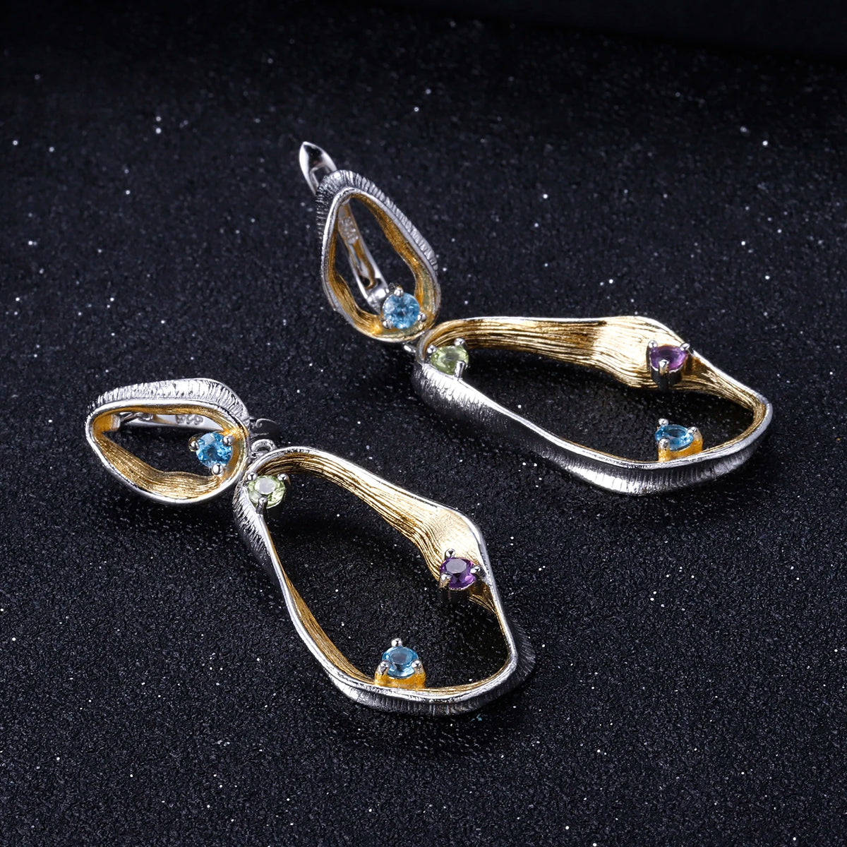 ArtistA Hot Sale S925 Real Silver Natural Peridot Amethyst Topaz Mixed Gemstone Necklace Pendant Earring Ring Jewelry Sets for Women