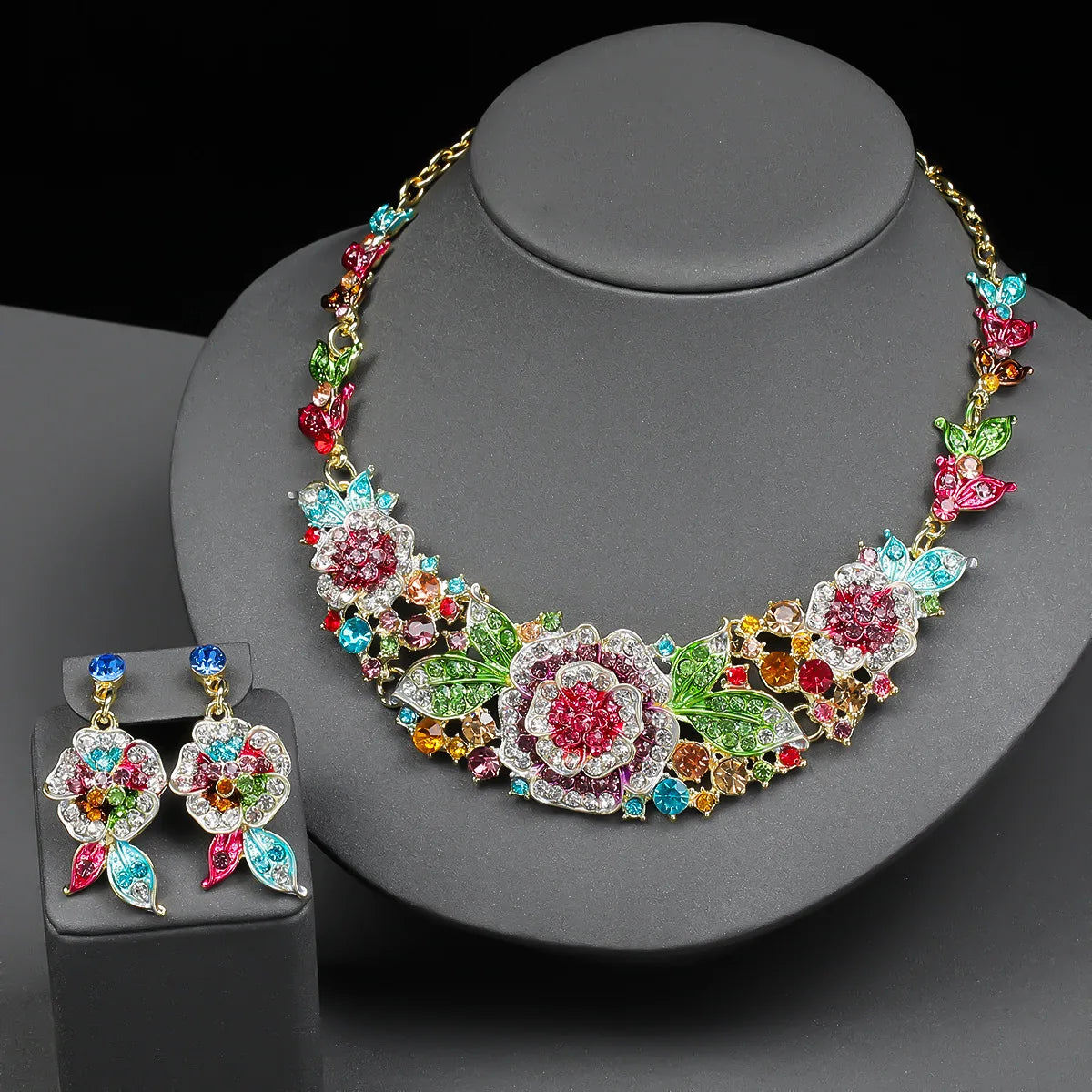 Exaggerated Rose Crystal Necklace & Earrings Set | Bridal Dinner Occasion Jewellery | Red, Blue & Coloured