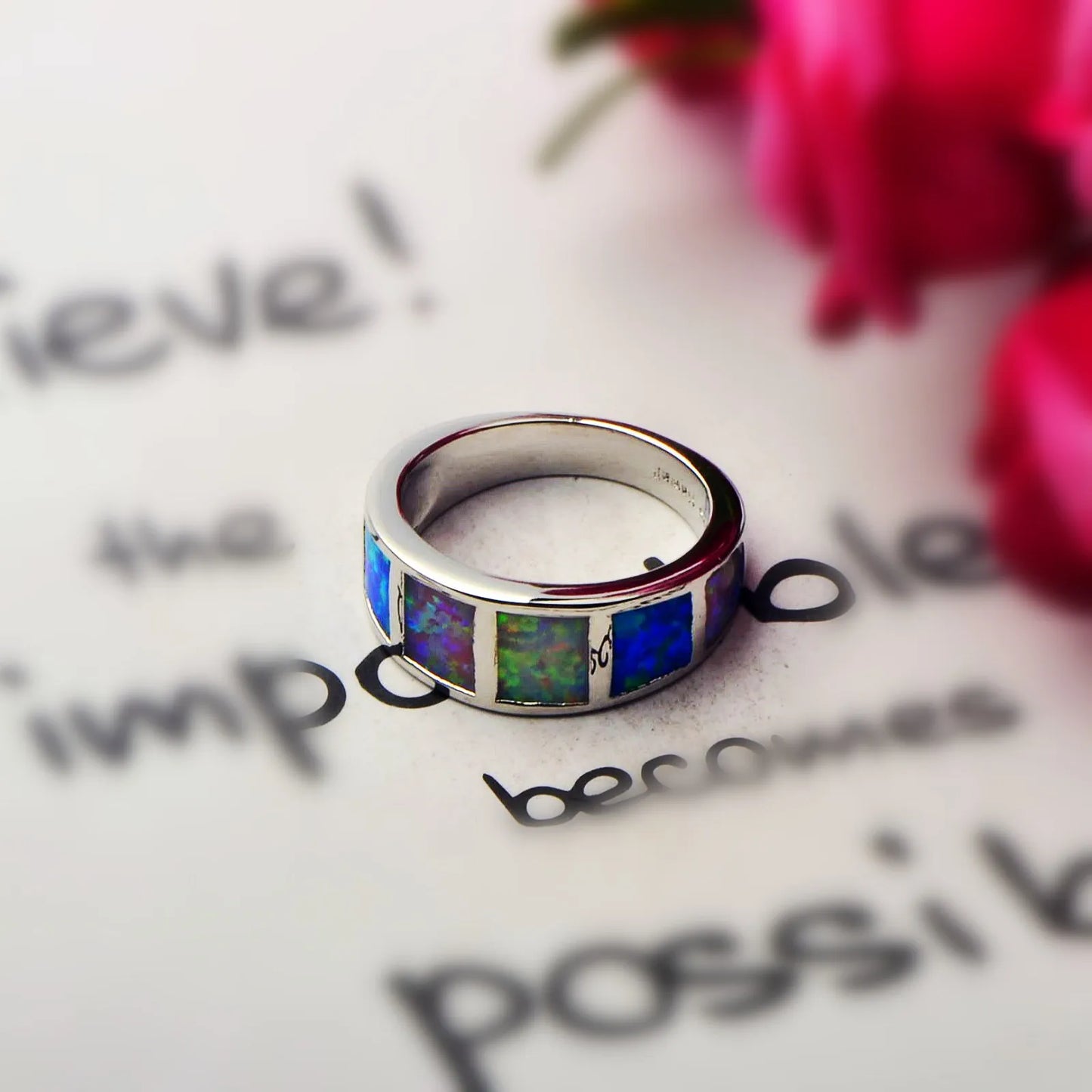 Iridescent Multi-Color Opal Striped Ring | Stainless Steel Shiny Band | Vibrant Rainbow Gem Inlay Fashion Jewelry for Men Women