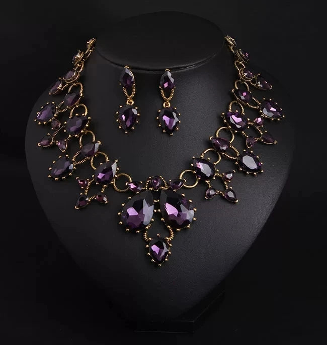 XM S394 Gold Plated Marquise Topaz Sparkling Floral Necklace & Earrings Bridal Set