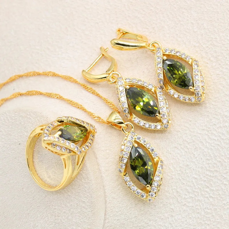 XOTICA Geometric Gold Jewelry Set for Women 18k Gold Plated Bracelet Earrings Necklace Pendant Ring for Engagement and Weddings