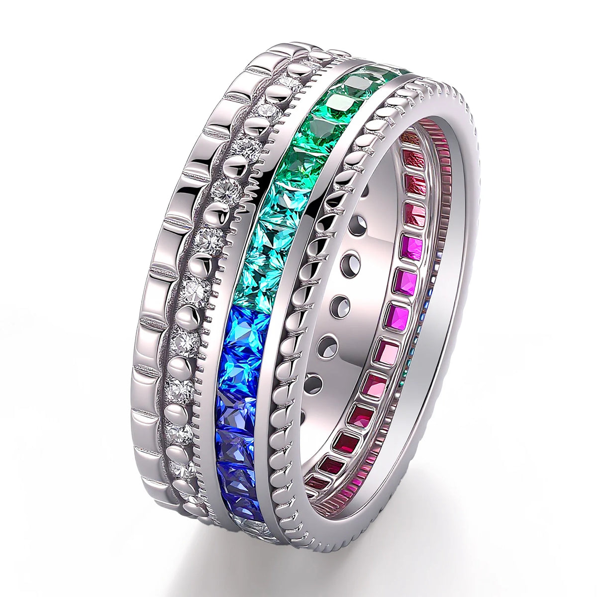 Gemfiori Princess New Geometric Diamonds Colored Lab Grown Gemstone Rings 18K 14K 10K Solid Gold Rainbow Crystal Ring for Women Girls