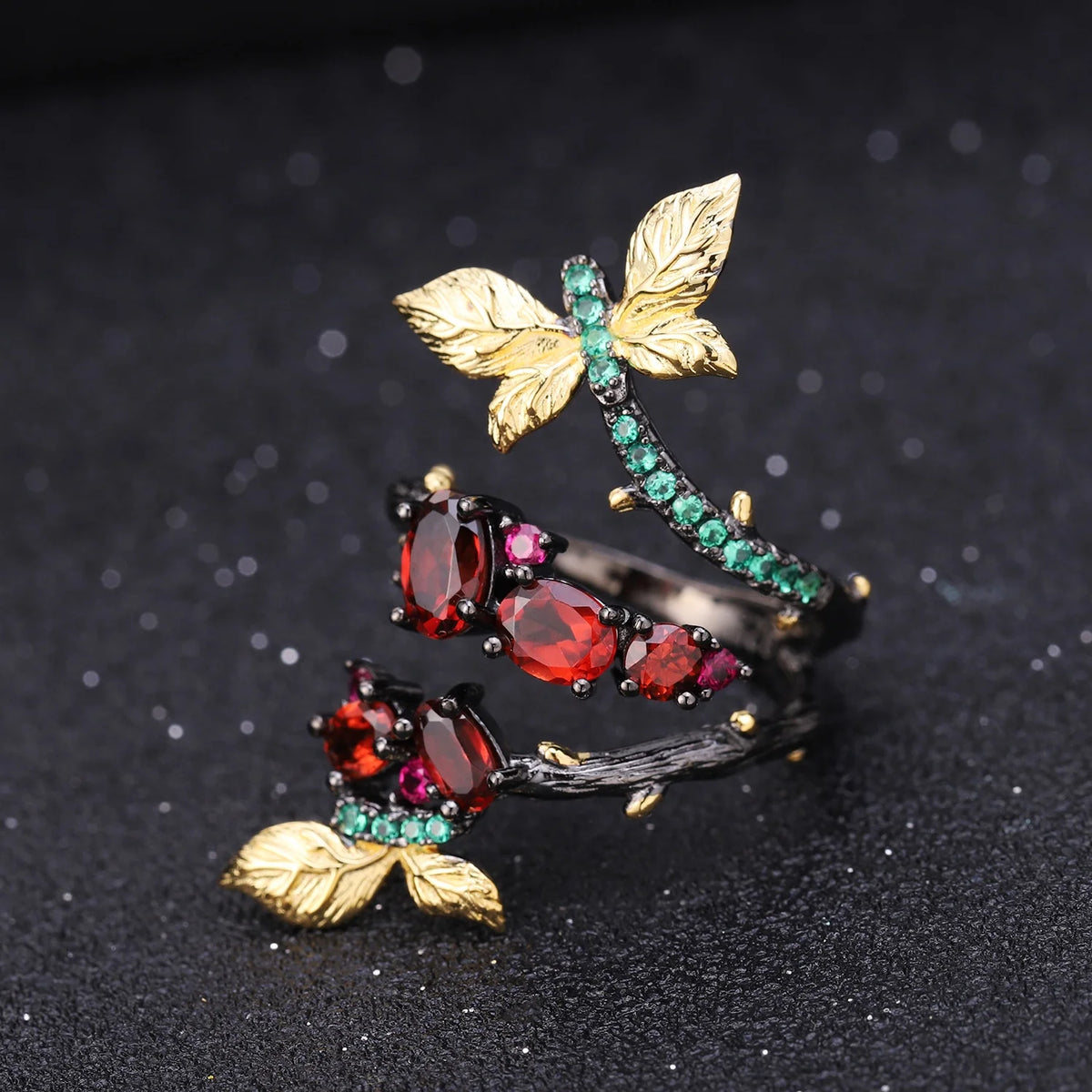 ArtistA Abiding Dainty Natural Gemstone Garnet 925 Silver Branch Butterfly Earrings Ring Jewelry Set with Two Tone Plated Best Gifts