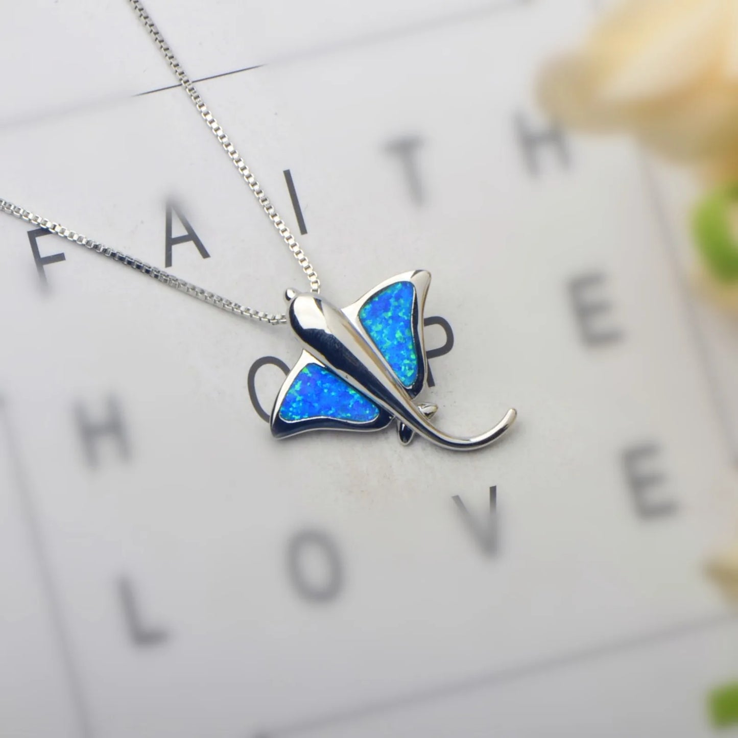 Opal Christian Batfish Necklace for Women Romantic Brass Link Chain Sweater with Blue Hexagonal Star Pendant