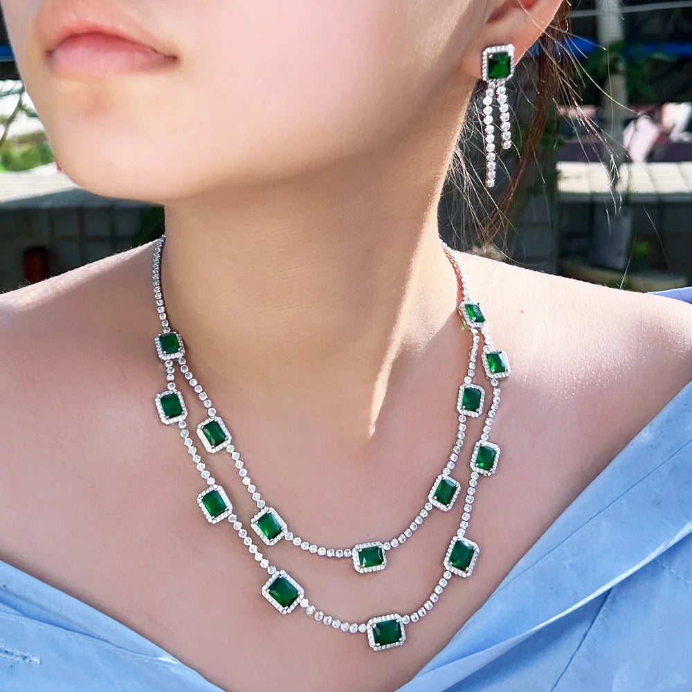 Generous Design Rectangle Cubic Zirconia Necklace and Earrings Set Wedding Bridal Party Green Jewelry Set for Women Accessories
