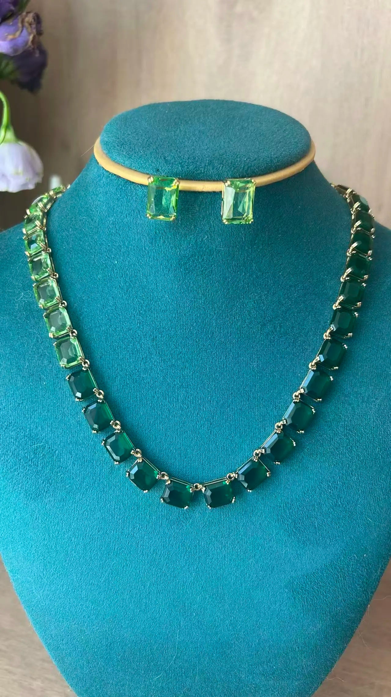 Fashion Women Jewelry Famous Brand Design Green Gradient Swarov Ski Crystal Tennis Chocker Necklace Earring Sets