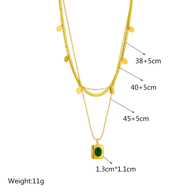 Gold Multi-Layer Chain & Green Crystal Necklace & Earrings Jewellery Set | Dramatic Luxury Set