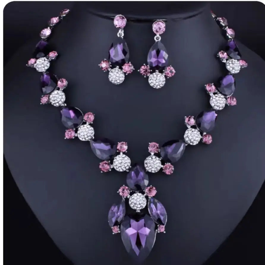 Crystal Cross-Mirror Geometric Necklace & Earrings Jewellery Set | 8 Colours Statement Fashion Set