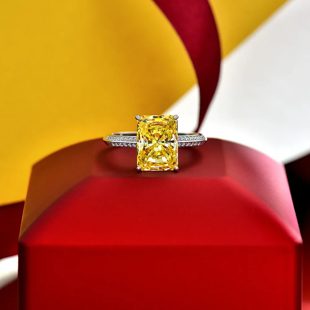 MuShan Jewelry Factory 925 Sterling Silver HighCarbon Diamond Ring for Women 9.5Carat Light Luxury Rectangular 9*12 Light Yellow