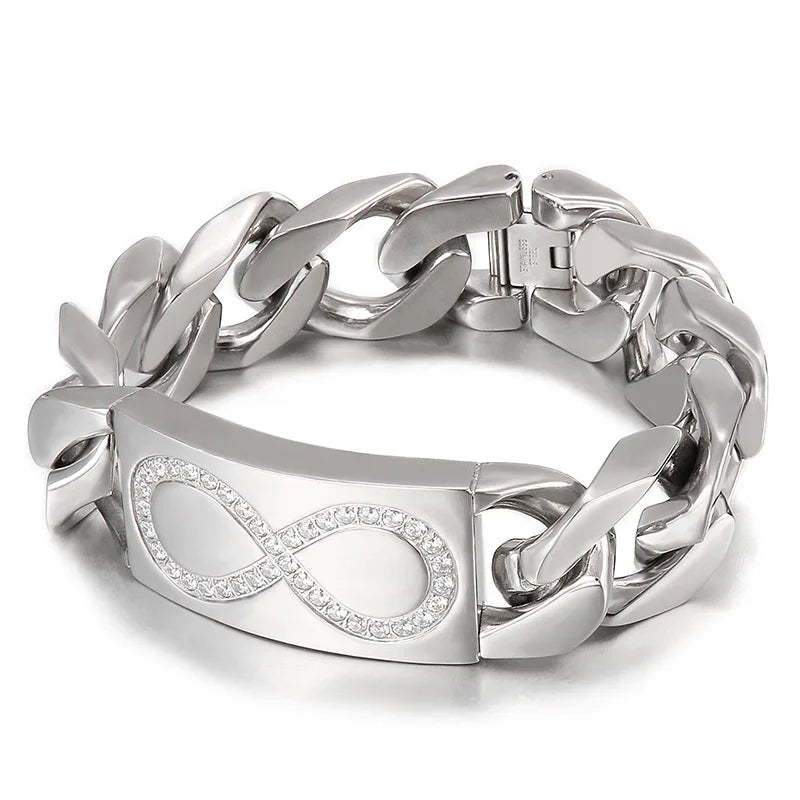KALEN 220mm Stainless Steel Cuban Link Bracelet With Cross/Infinity Mark Zircon Patterns