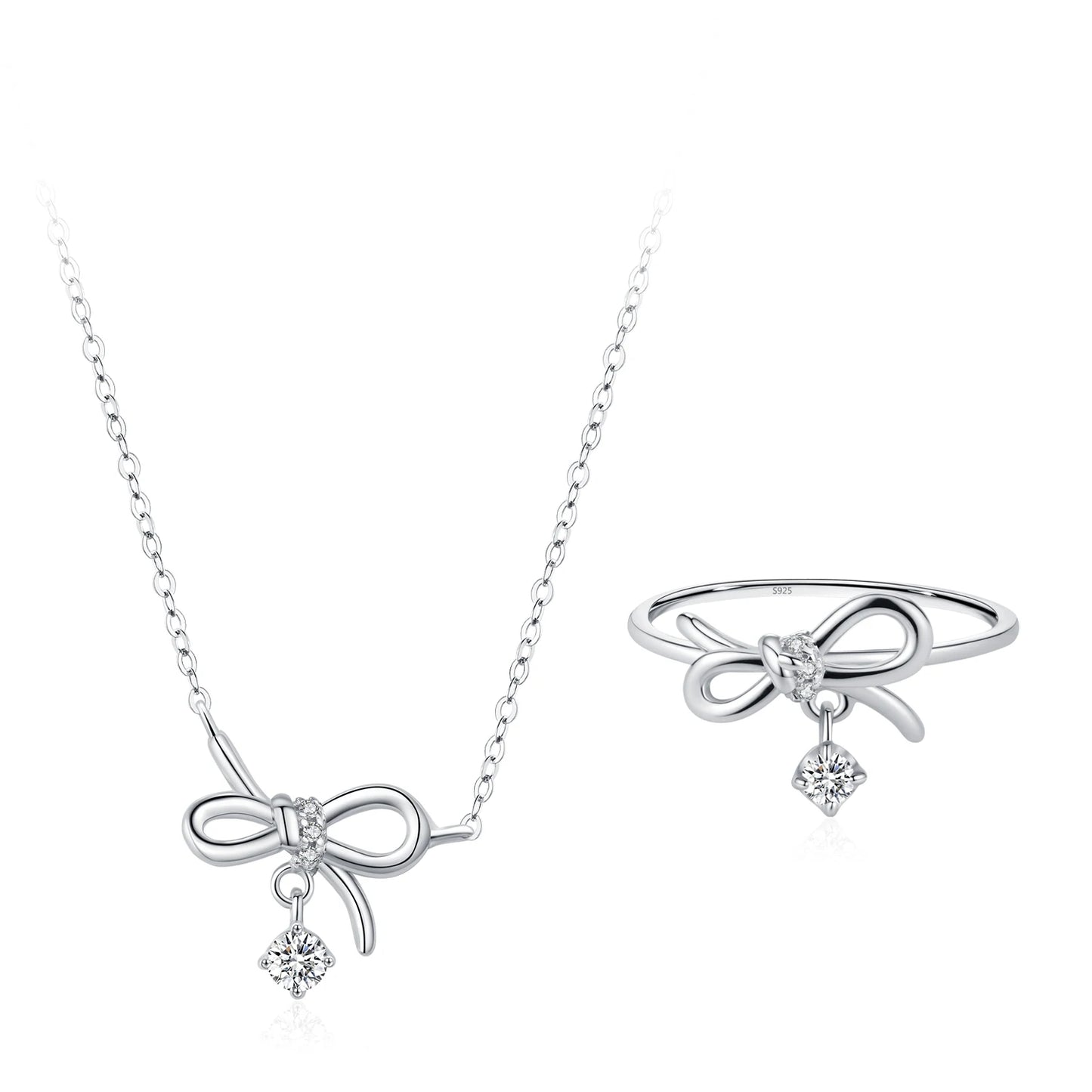 Ailmay 925 Sterling Silver Brilliant Bowknot Pendant Necklace Ring For Women Jewelry Set Birthday Anniversary Mothers Day Gifts