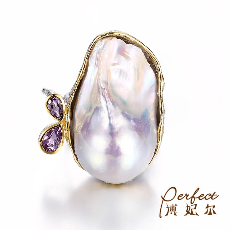 Natural Freshwater Baroque Pearl 925 Sterling Silver Rings