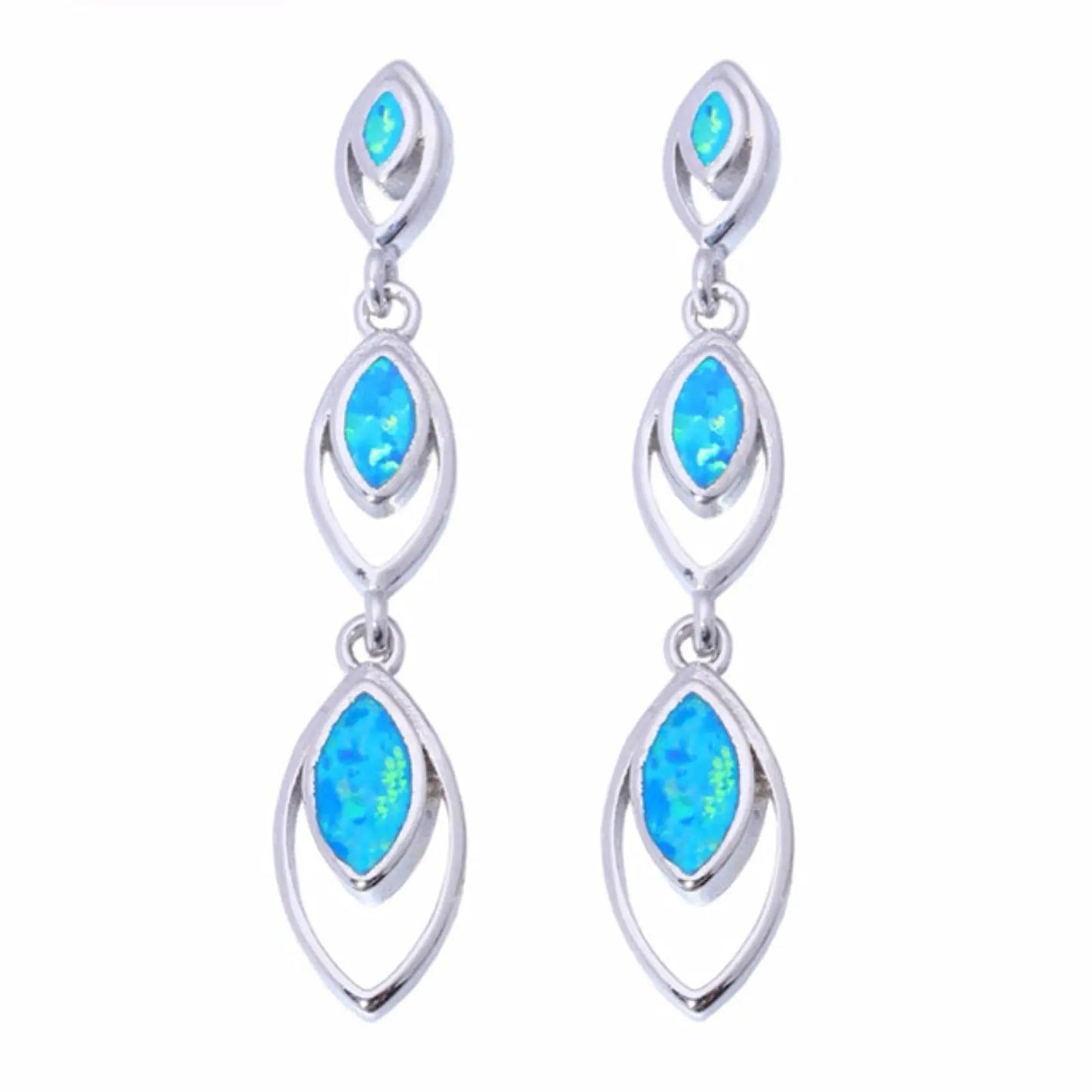 Tiered Marquise Opal Drop Earrings - Blue Fire Opal Framed Tassel Design | Elegant Daily Jewelry Bulk Gifts