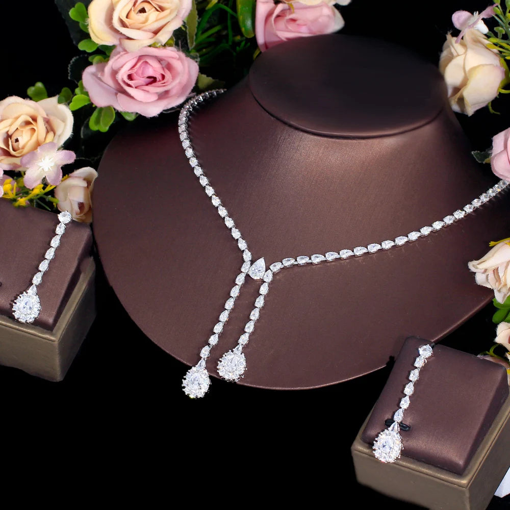 Luxury Bling Cubic Zirconia Crystal Bridal Bridesmaid Jewelry Set for Wedding Drop Earrings and Necklace Jewelry Accessories