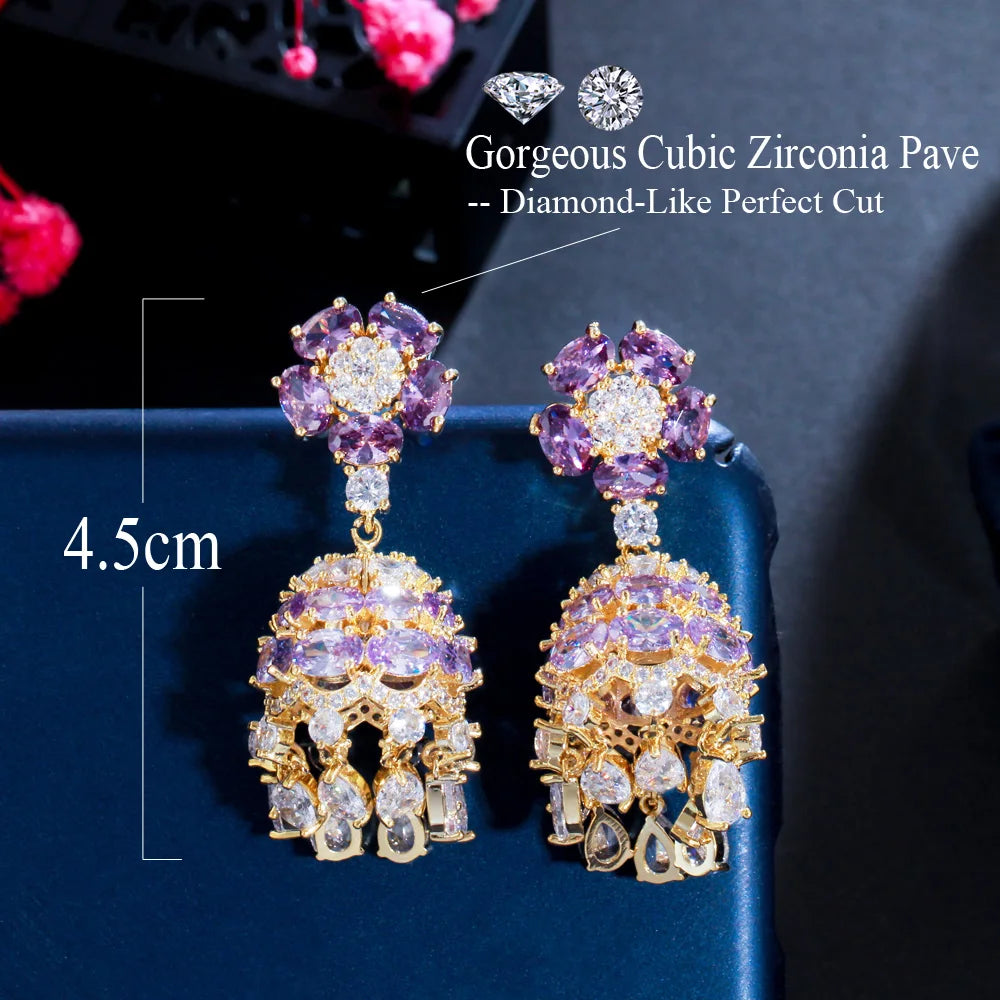 Luxury Purple Cubic Zirconia Crystal Indian Gold Plated Gypsy Bell Dangly Drop Long Earrings for Women Party Costume Jewelry