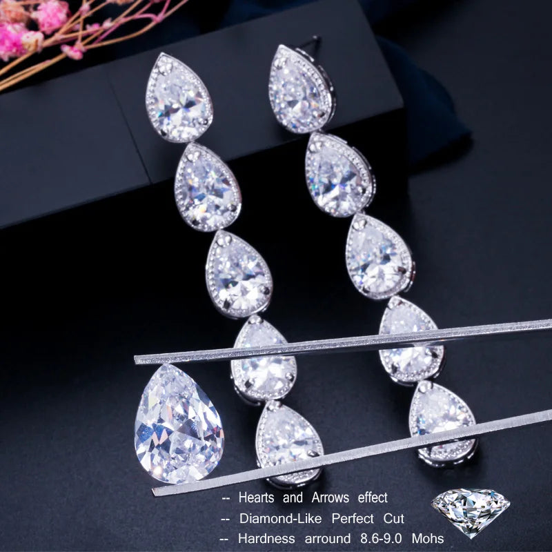 S&S White CZ Teardrop Extra-Long Dangle Earrings – Pear Cut – Rhodium Silver Plated – Collection