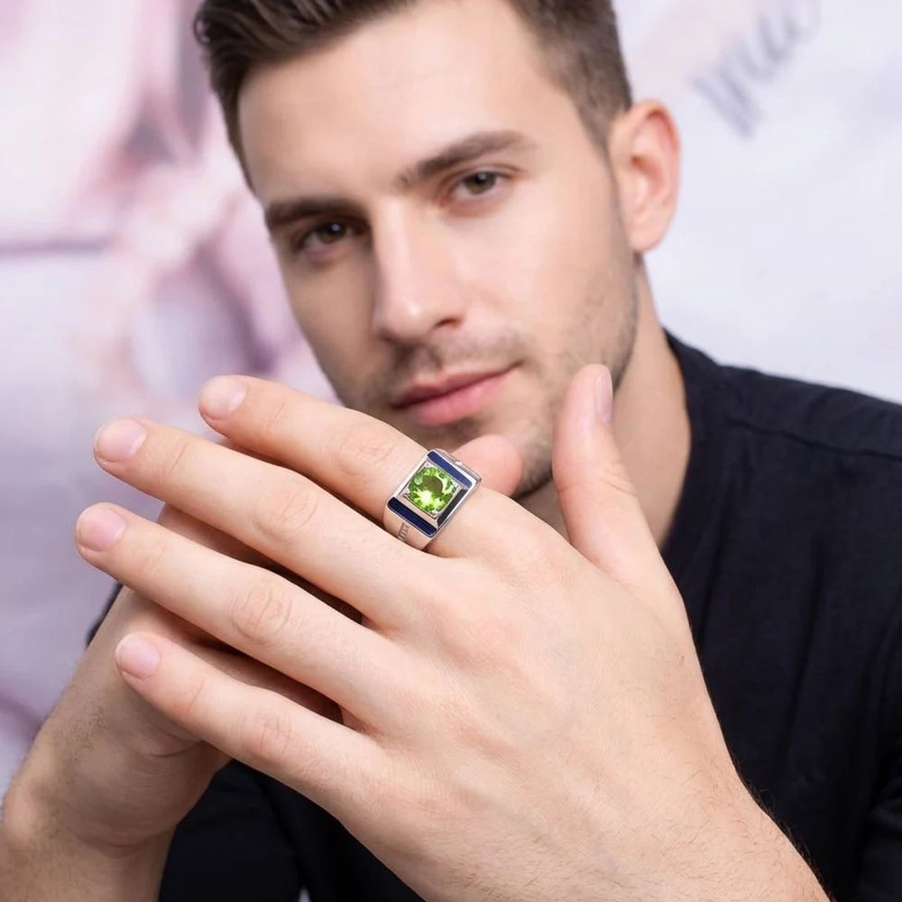 Men's Natural Peridot Ring in 925 Sterling Silver Big Green Stone Statement Band for Gents with Clarity Wholesale