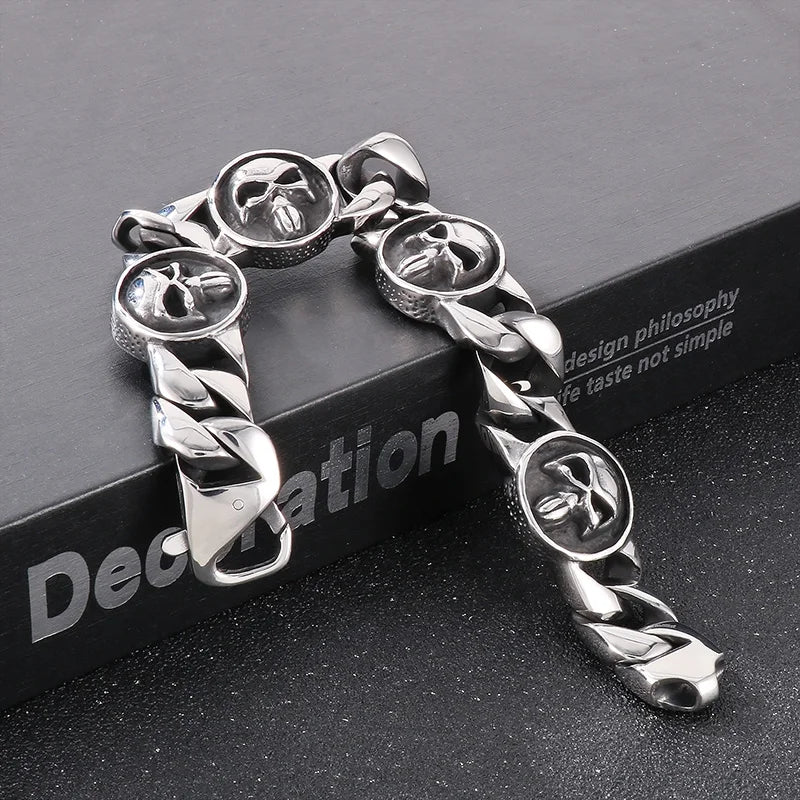 KALEN 230mm Men Punk Stainless Steel Skull Charms Cuban Links Bracelet
