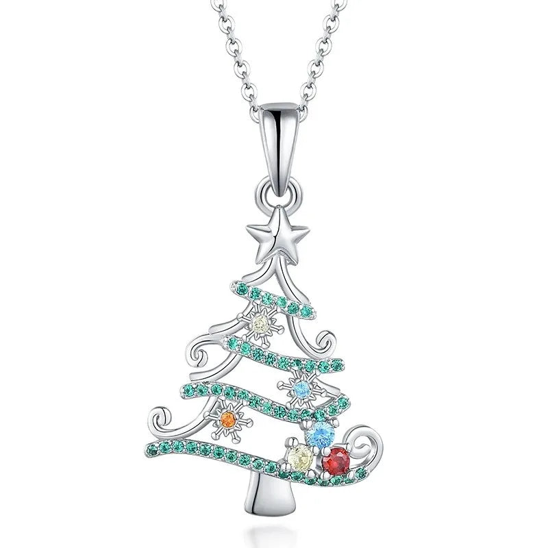S&S 925 Silver Christmas Tree Necklace & Earrings Set – AAAAA Rose-Cut Zirconia – Rhodium Plated – Collection