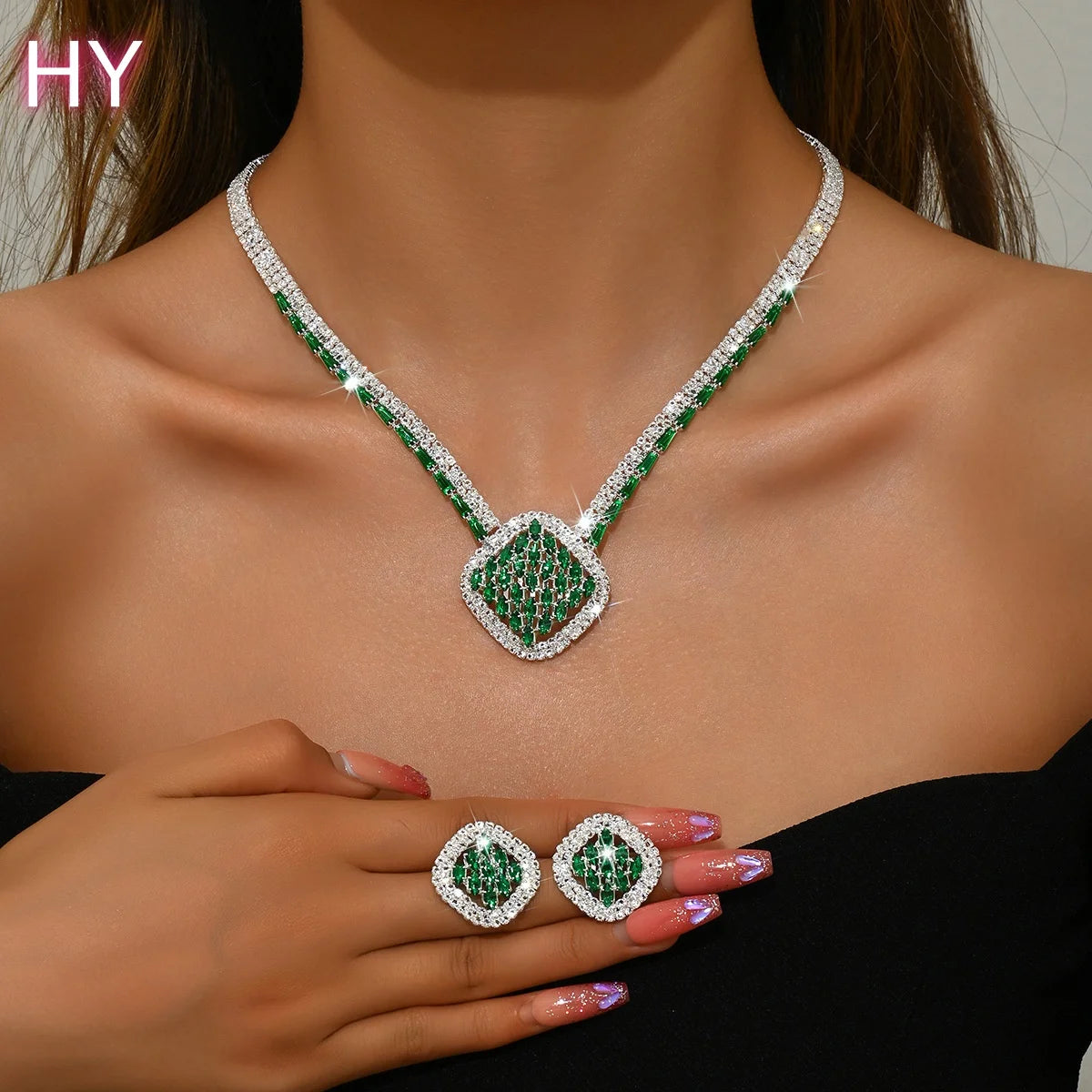 HY Elegant Luxury Ladies Jewelry Sets Wedding Anniversary Bridal Accessories Copper Shining Earrings Necklaces for Women Set