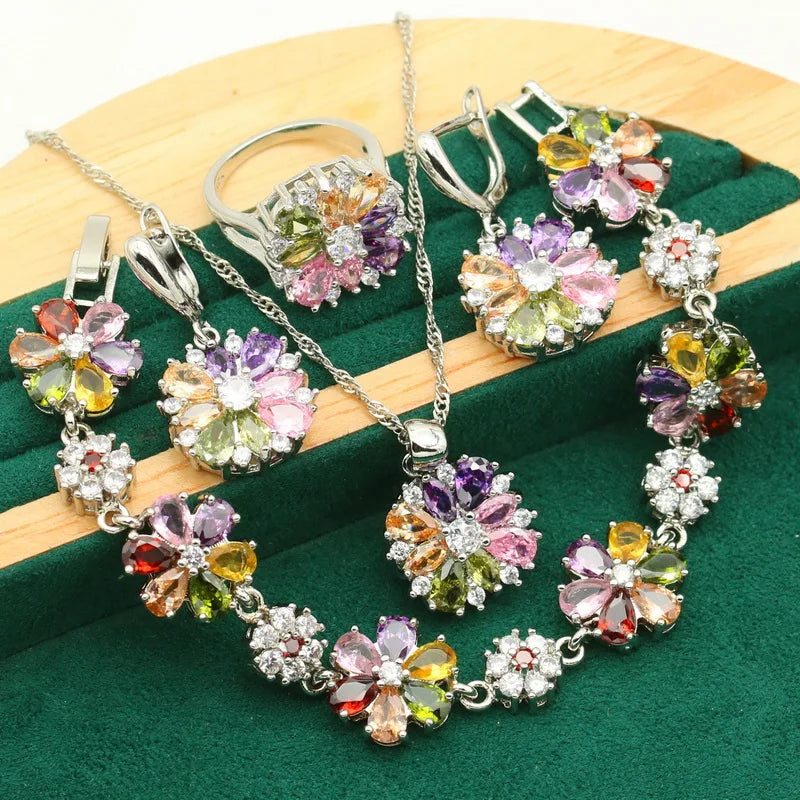 XOTICA Women's Gold Plated Silver Wedding Jewelry Set Multi-Color Zircon Emerald Earrings Bracelet Necklace Ring-for Parties Special