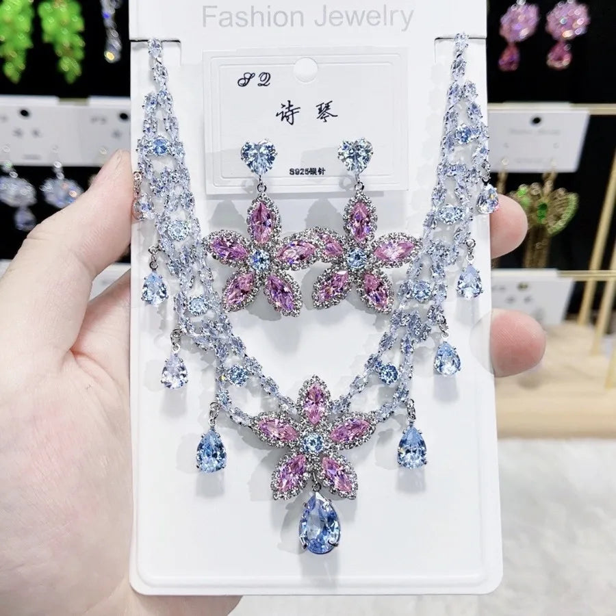 K076 High End Women Trendy Luxurious Pink Flower Zircon Bridal Necklace Earrings Set Wedding Elegant Jewelry Set