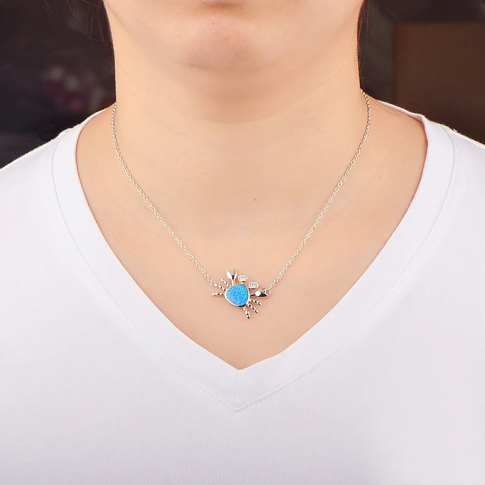 Cute Crab Opal Copper Silver Plated Link Chain Sweater Necklace-Trendy Hawaiian Sea Style Colorful Gem Jewelry Bulk Supply
