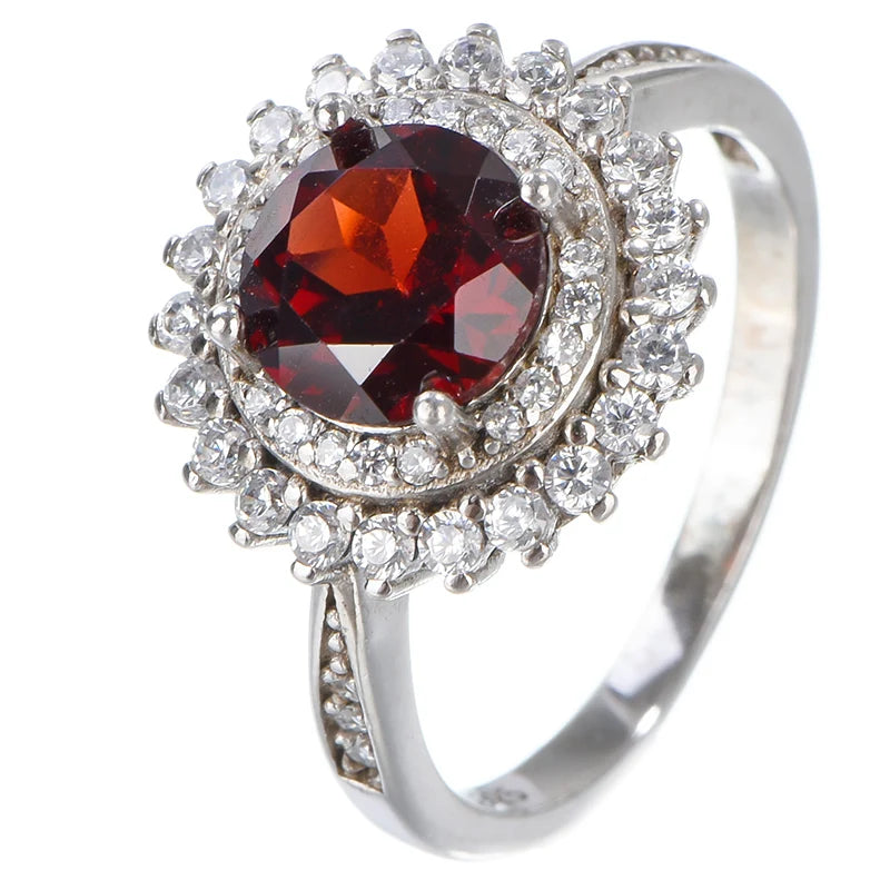 Gioiellieri Natural Garnet Rhodium Plated 925 Sterling Silver Luxury Engagement Ring Round Brilliant Cut Gemstone for Weddings and Parties