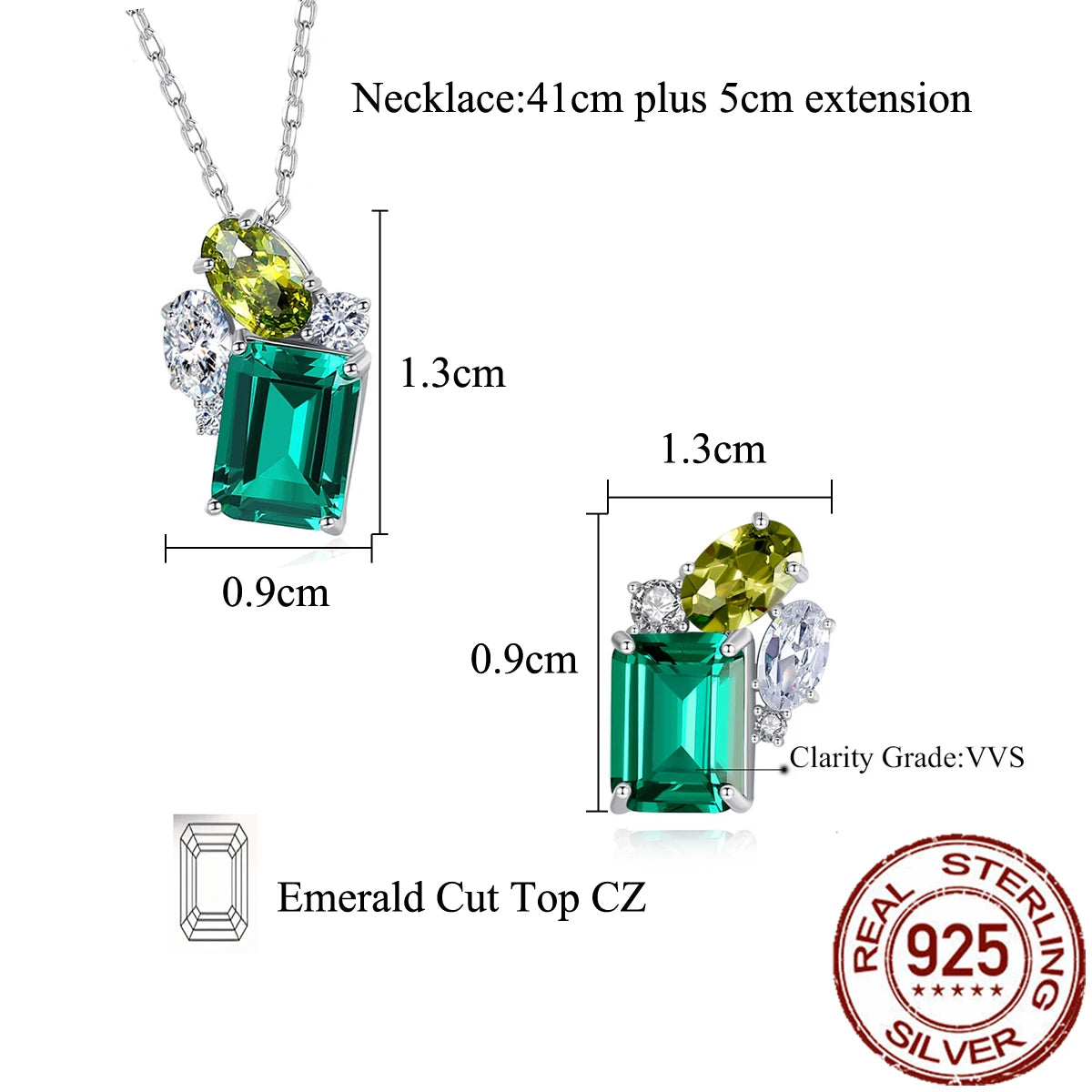 925 Sterling Silver Jewelry Set Green Baguette Cubic Zirconia Pendant Necklace Stud Earrings Jewelry Set for Women Girl Party