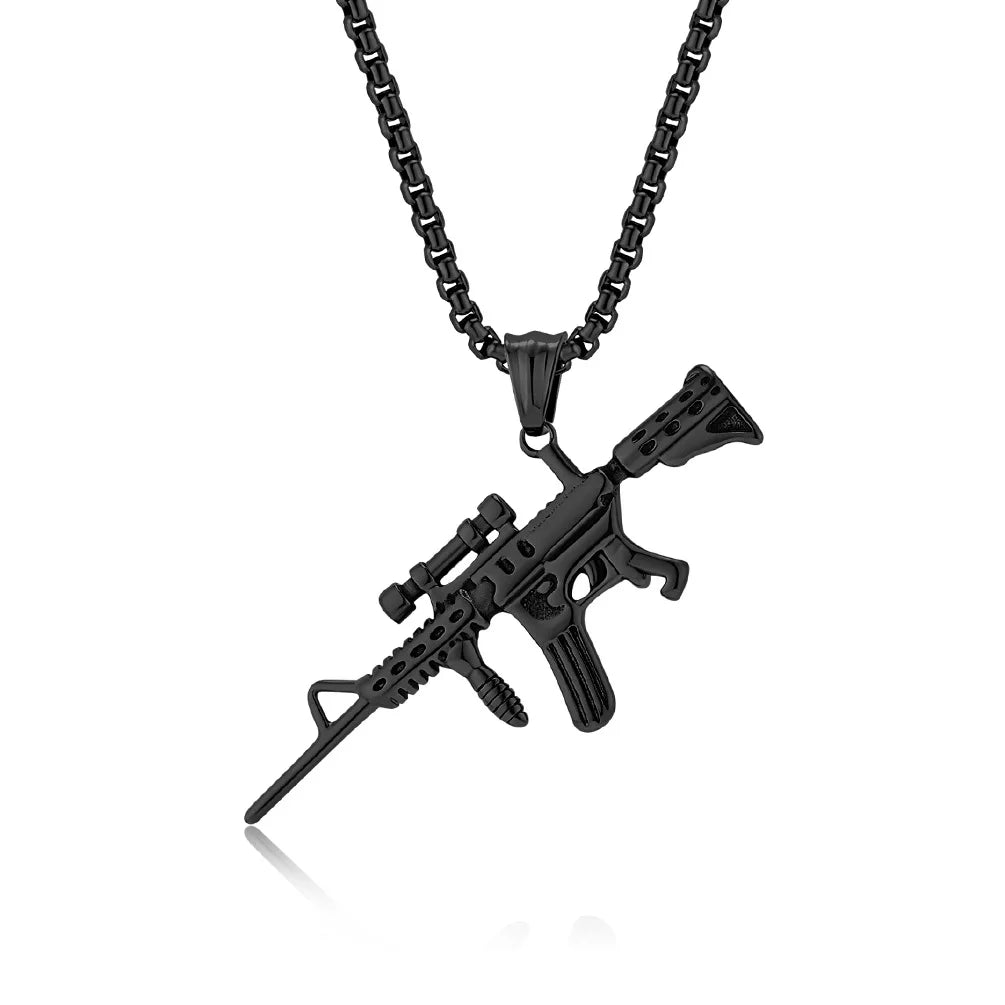 Tempusort Wholesale Gold Plated M416 Assault Rifle Retro Hip Hop Stainless Steel Pendant Necklace Fashion Jewelry for Men Gifts