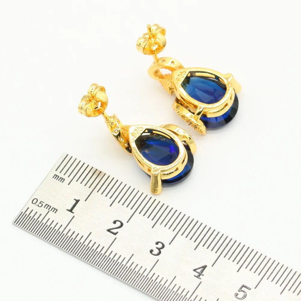 XOTICA Women's Gold Plated Bridal Sets Sapphire Blue Classic Alloy Stud Earrings Bracelet Pendant Necklace Ring for Engagement Wedding